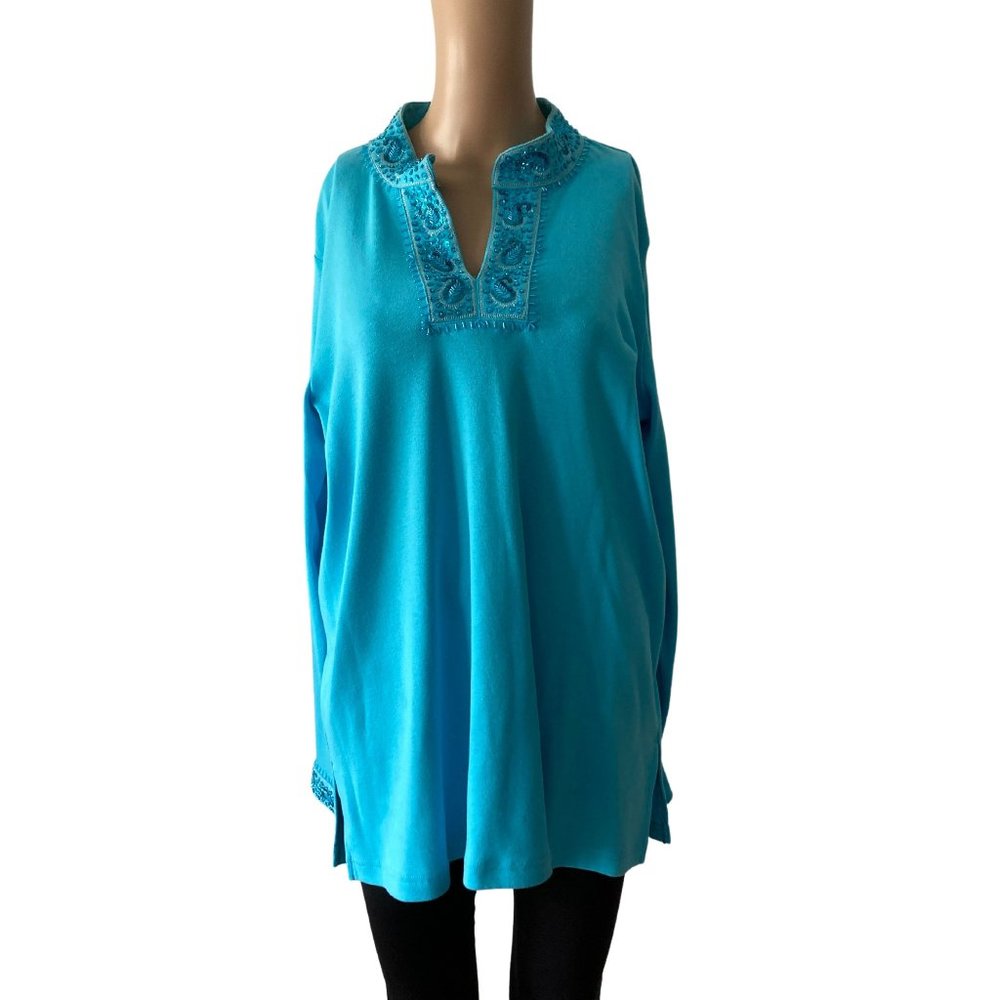 Quacker Factory Aqua Xl Pullover Sequence Top - image 1